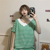 Striped Colors V Neck Loose Shirt